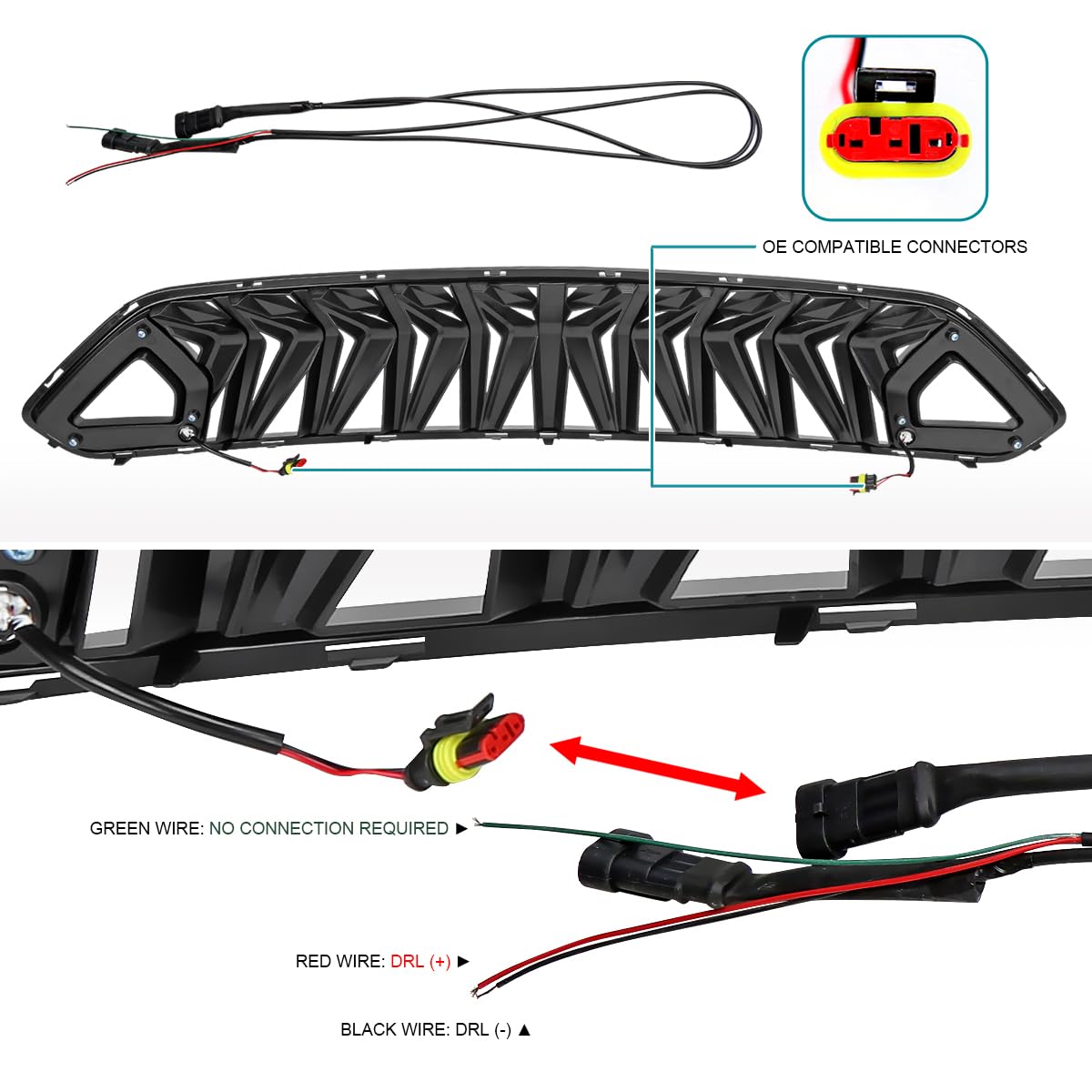 Shark Style Grille Spec-D Tuning w/3D Smoke LED DRL Strip Compatible with 2018-2023 Ford Mustang