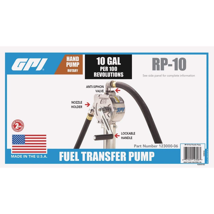RP-10-UL Rotary Hand Pump, GPI 123000-06, Up to 10 Gal/100 Revolutions, Metal Spout, 8’ Hose, Suction Pipe