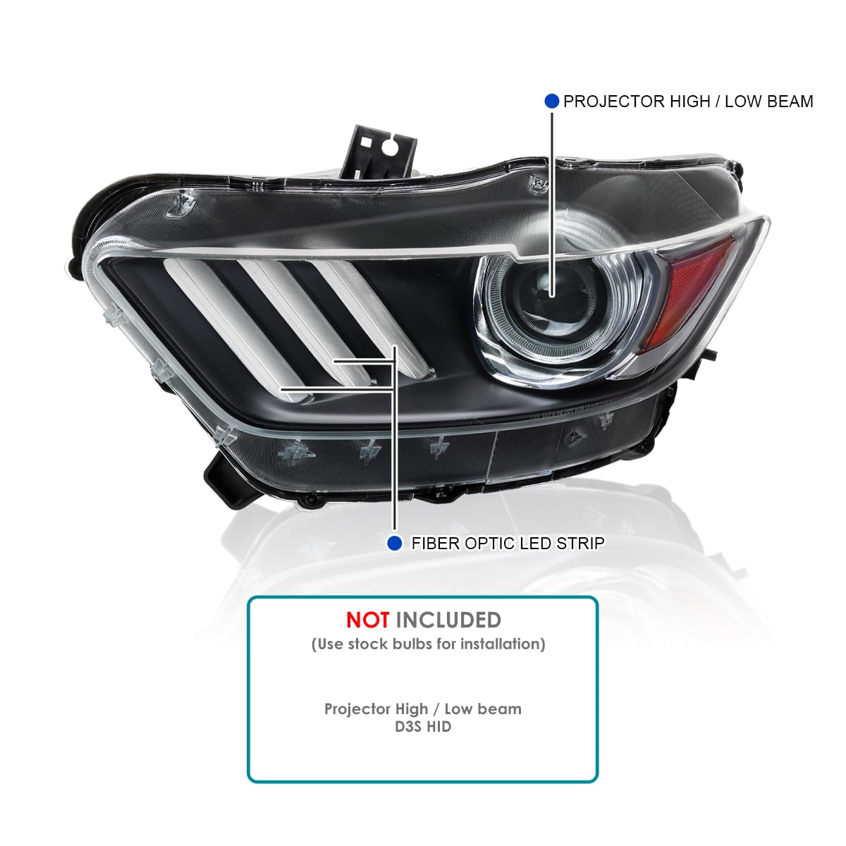Left Driver Side SPEC-D TUNING Black Projector Headlight w/LED Bar Compatible with 2015-2017 Ford Mustang