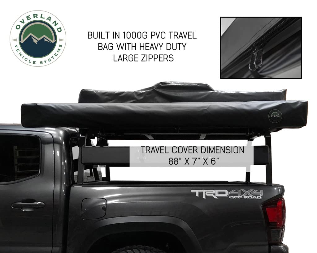 Overland Vehicle Systems Nomadic HD 2.5-8.0' Awning - 280G Poly Cotton Rip Stop Grey Body, Green Trim & 1000G PVC Black Travel Cover - 69 Square Feet of Coverage - Universal Fitment