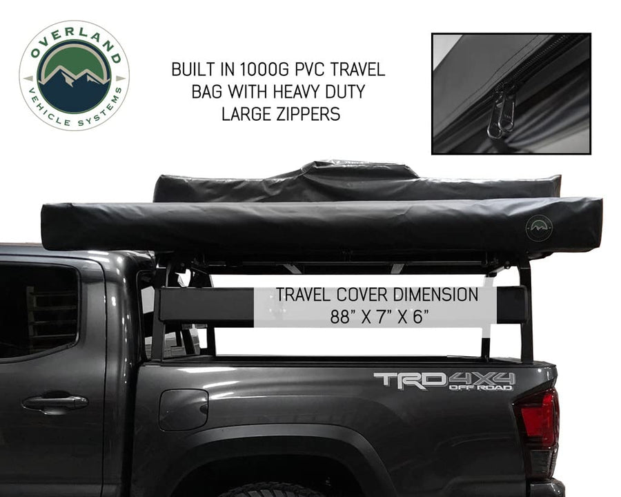 Overland Vehicle Systems Nomadic HD 2.5-8.0' Awning - 280G Poly Cotton Rip Stop Grey Body, Green Trim & 1000G PVC Black Travel Cover - 69 Square Feet of Coverage - Universal Fitment