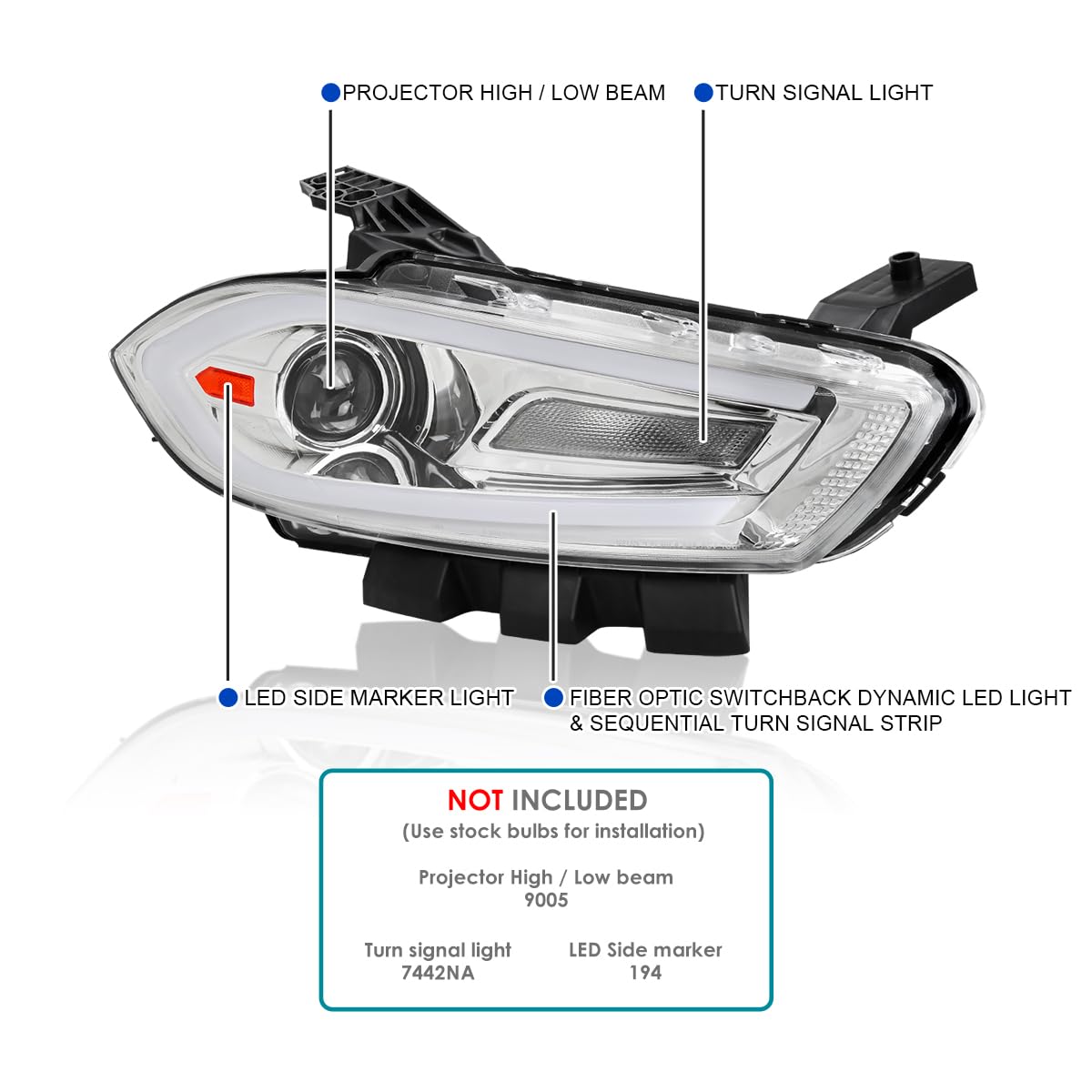 Chrome Projector Headlights SPEC-D TUNING w/Switchback Sequential LED Signal Tube and Startup Animation Compatible with 2013-2016 Dodge Dart, Left + Right Pair Headlamps Assembly