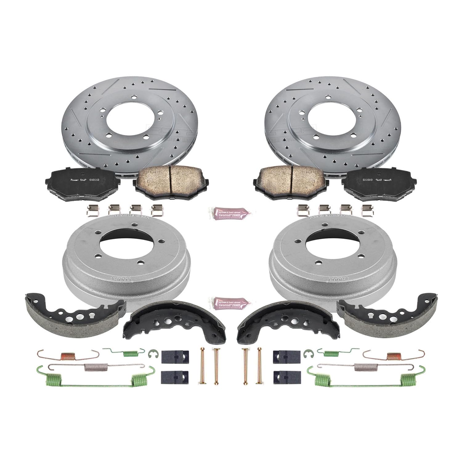 Power Stop K15185DK Z23 Carbon Fiber Brake Pads Front and Rear with Drilled & Slotted Brake Drums Kit For Suzuki Grand Vitara 2000-2005 [Model Specific]