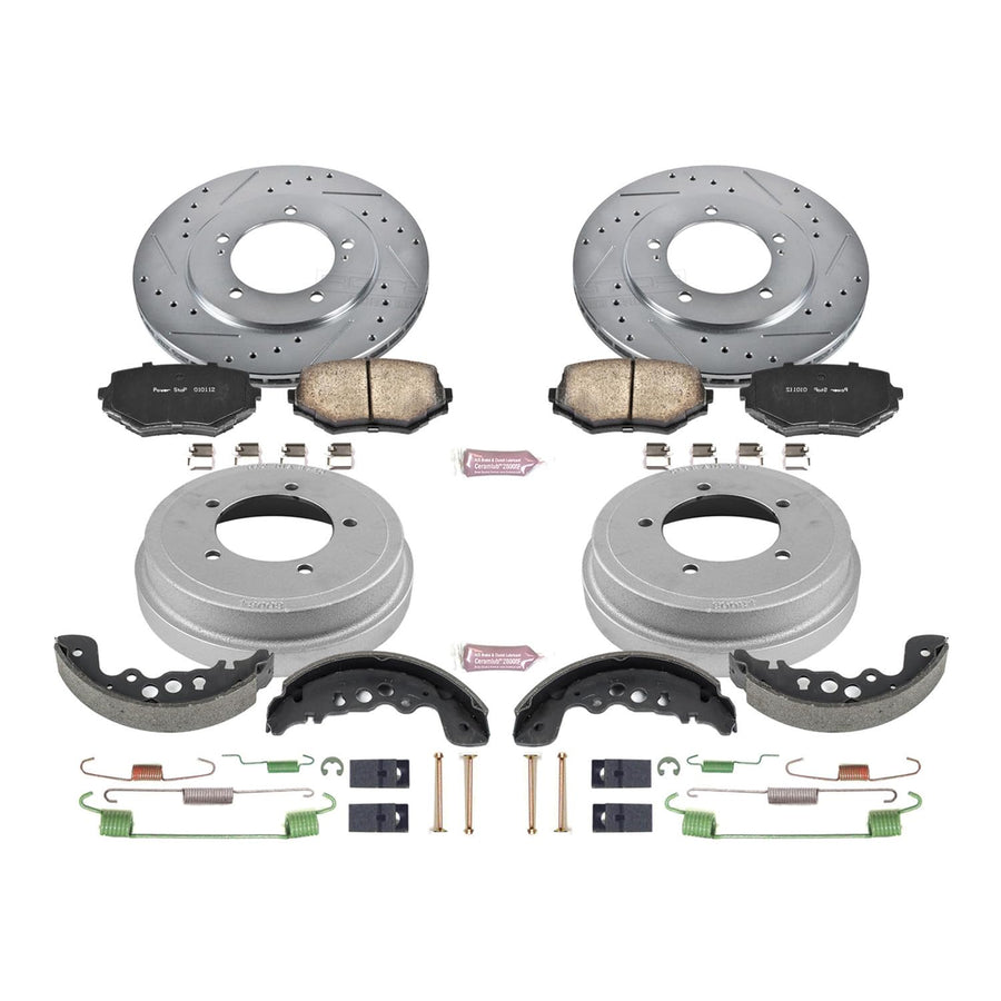 Power Stop K15185DK Z23 Carbon Fiber Brake Pads Front and Rear with Drilled & Slotted Brake Drums Kit For Suzuki Grand Vitara 2000-2005 [Model Specific]