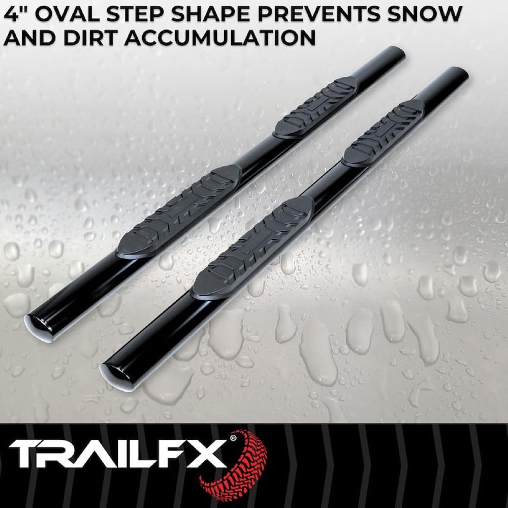 TrailFX Nerf Bars Black Powder Coated Steel Fits Ram 1500 Crew Cab 2019-2025 Side Steps with Slip-Resistant Step Pads Rocker Panel Mount 5 Inch Oval Straight Running Board Pair TrailFX A7082B