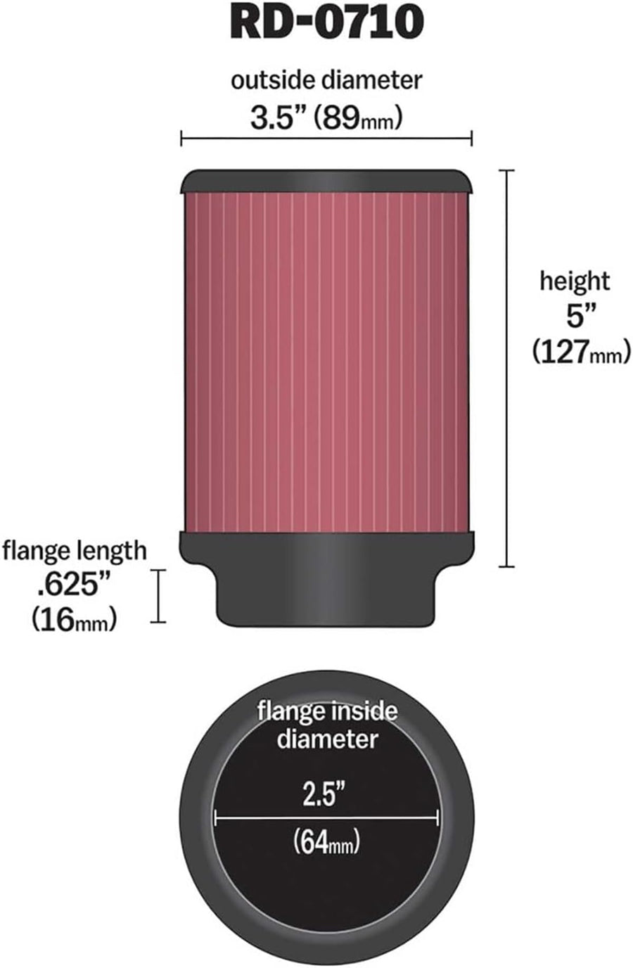High-Flow K&N Original Lifetime Universal Clamp-On Air Filter: High Performance, Premium, Washable: Flange Diameter: 2.5 In, Filter Height: 5 In, Flange Length: 0.625 In, Shape: Round, RD-0710
