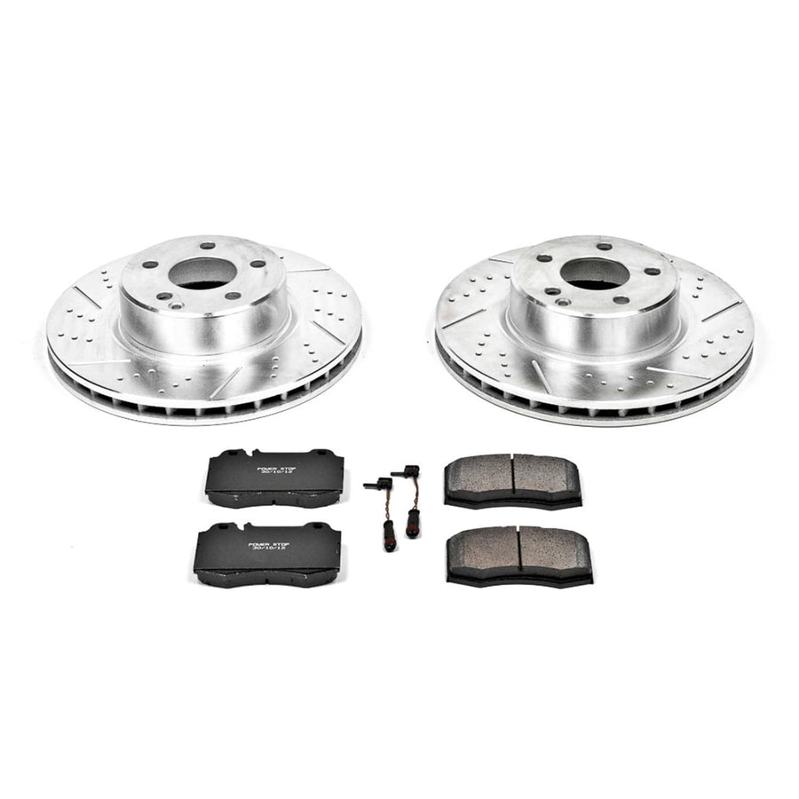 Power Stop K2932 Z23 Carbon Fiber Brake Pads Front with Drilled & Slotted Brake Rotors Kit and 2 Front Sensor Wires For Mercedes CL500, Mercedes S, Mercedes S430, Mercedes S500 [Model Specific]