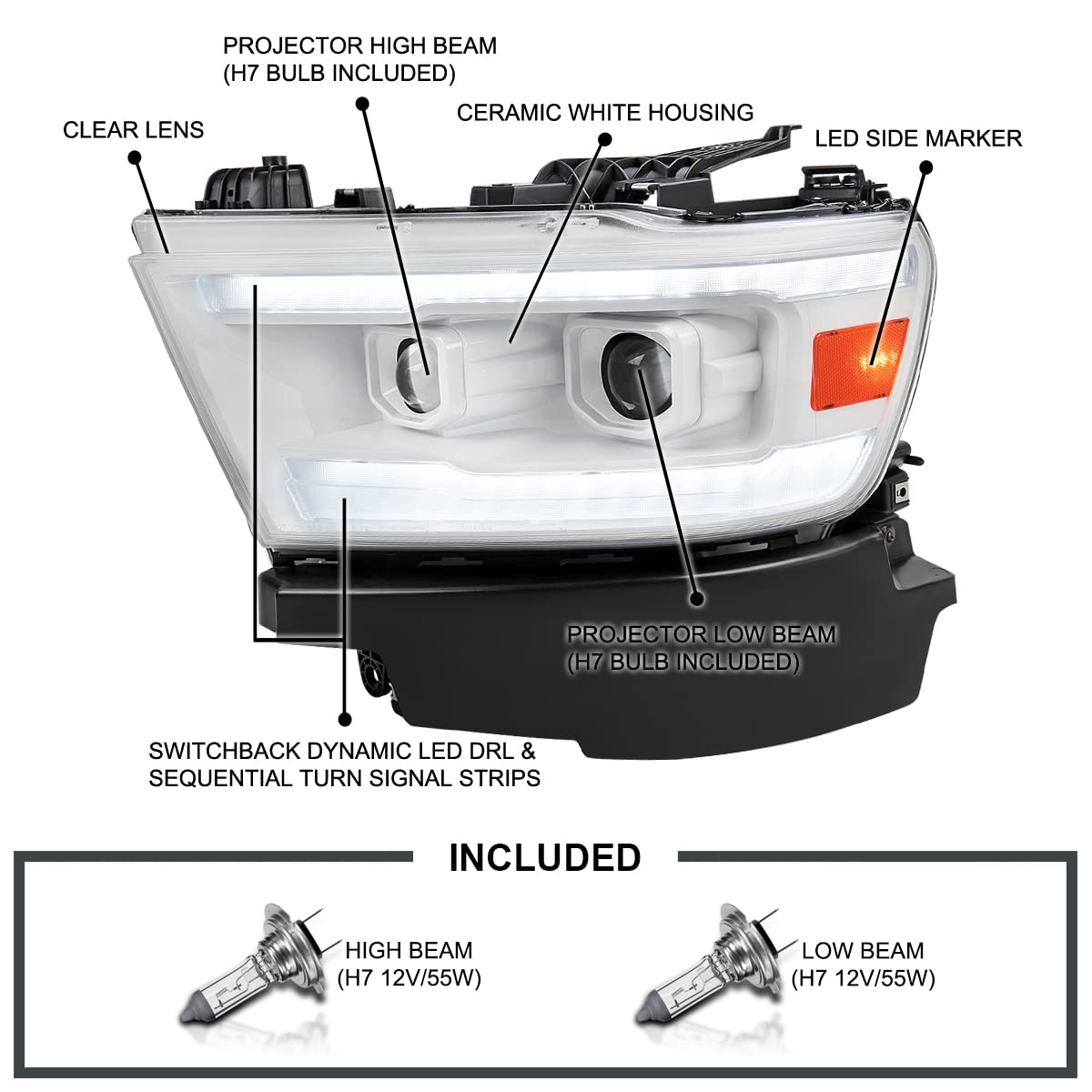 Special Edition SPEC-D TUNING Arctic White Projector Headlights w/Sequential LED Tube Signal and Startup Animation Compatible with 2019-2024 Ram 1500, Left + Right Pair Headlamps Assembly