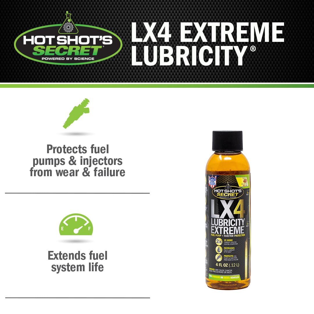 LX4 Lubricity Extreme – Hot Shot's Secret Fuel System Protection – Lubricates and Protects Fuel Pump and Injectors – Prevents Wear and Damage – For Gasoline or Diesel Engines – 4 Oz