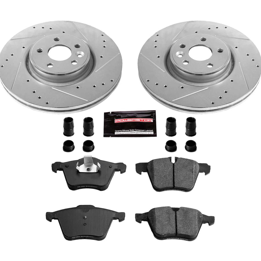 Power Stop K5978 Z23 Carbon Fiber Brake Pads Front with Drilled & Slotted Brake Rotors Kit For Volvo S60 2011-2014, Volvo S80 2007-2014 [Model Specific]