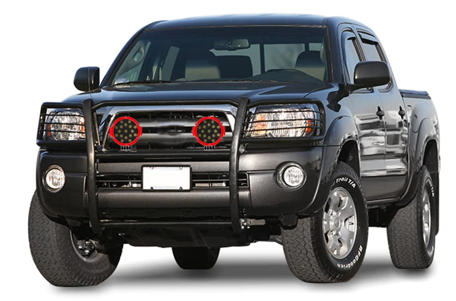 Bumper Guard Modular Black Black Horse Grille brush Come With pair of 7.0"Dia.LED Lights with Red Trim Rings Compatible with 2005-2015 Toyota Tacoma-17A096400MA-PLR