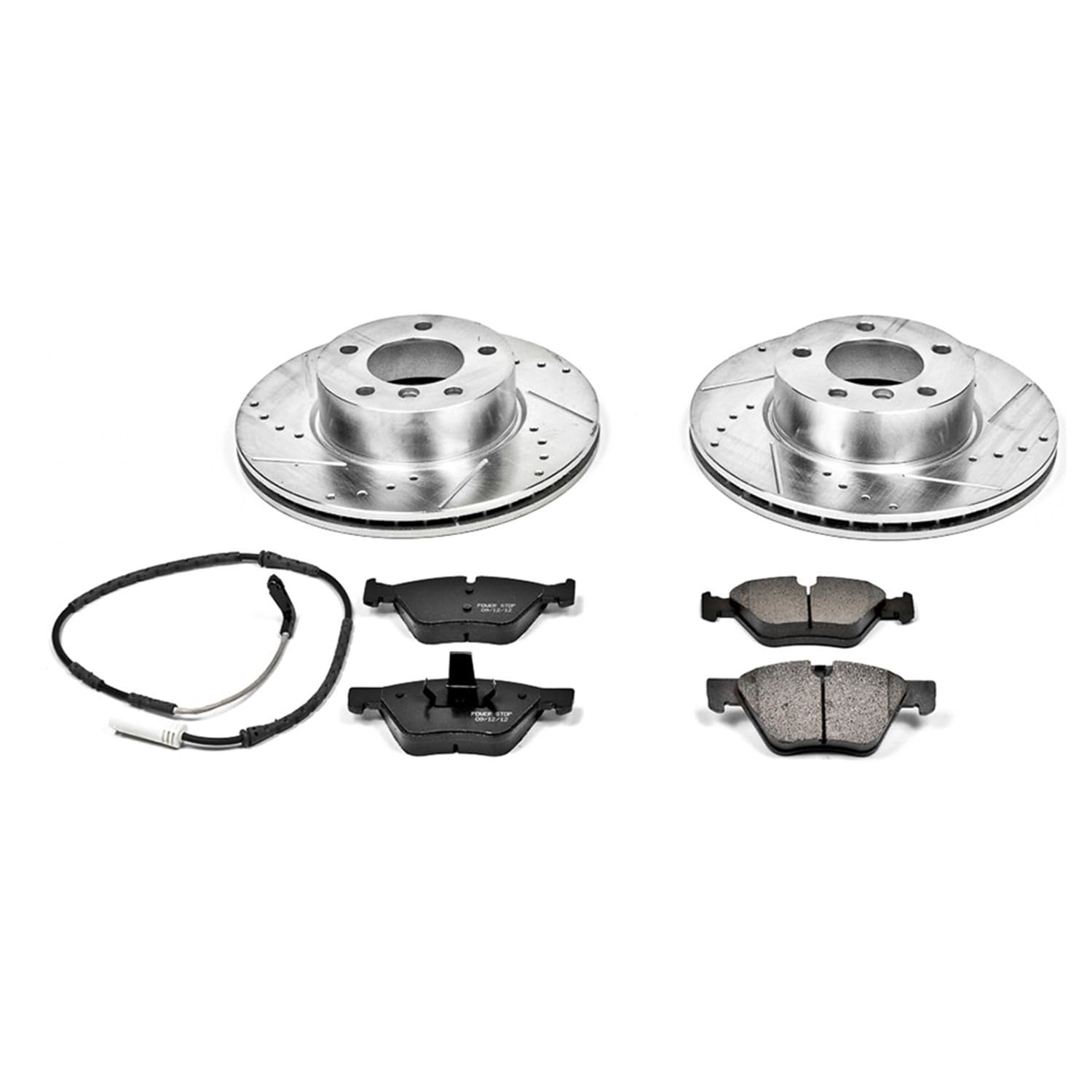 Power Stop K4589 Z23 Carbon Fiber Brake Pads Front with Drilled & Slotted Brake Rotors Kit and 1 Front Sensor Wire For BMW 325xi 2006, BMW 328xi 2007 [Model Specific]