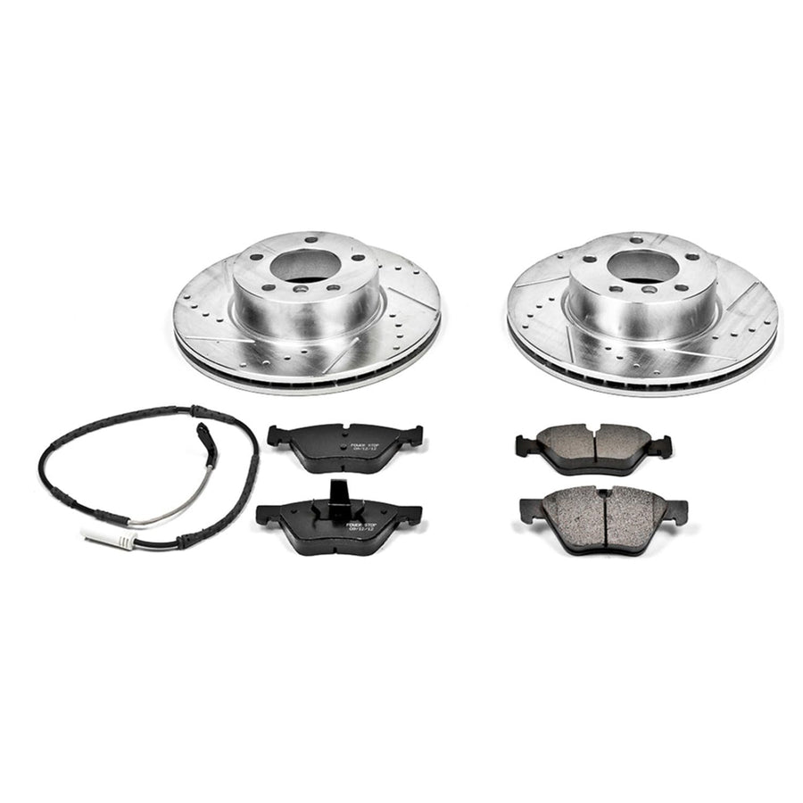 Power Stop K4589 Z23 Carbon Fiber Brake Pads Front with Drilled & Slotted Brake Rotors Kit and 1 Front Sensor Wire For BMW 325xi 2006, BMW 328xi 2007 [Model Specific]
