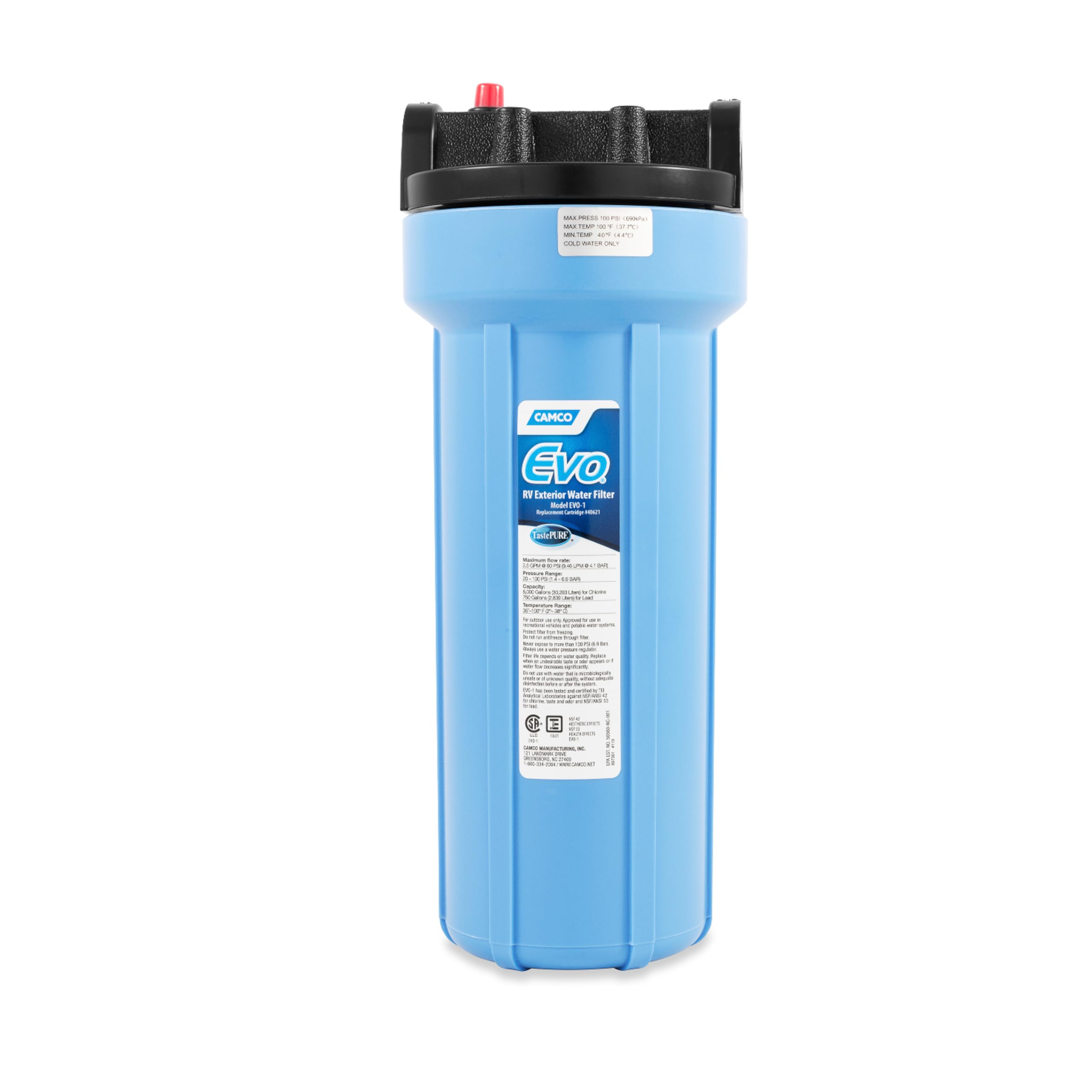 Evo Camco RV Water Filter - Features Granulated Activated Carbon for Bacteria Control & a Replaceable Premium Spun Polypropylene Filter Cartridge - Camper Essentials for Clean Drinking Water (40631)