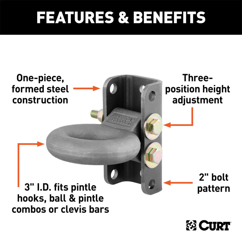 CURT Adjustable Pintle Hitch 48630 Lunette Ring 3-In ID, 12,000 lbs, 7-1/2-Inch Channel Height