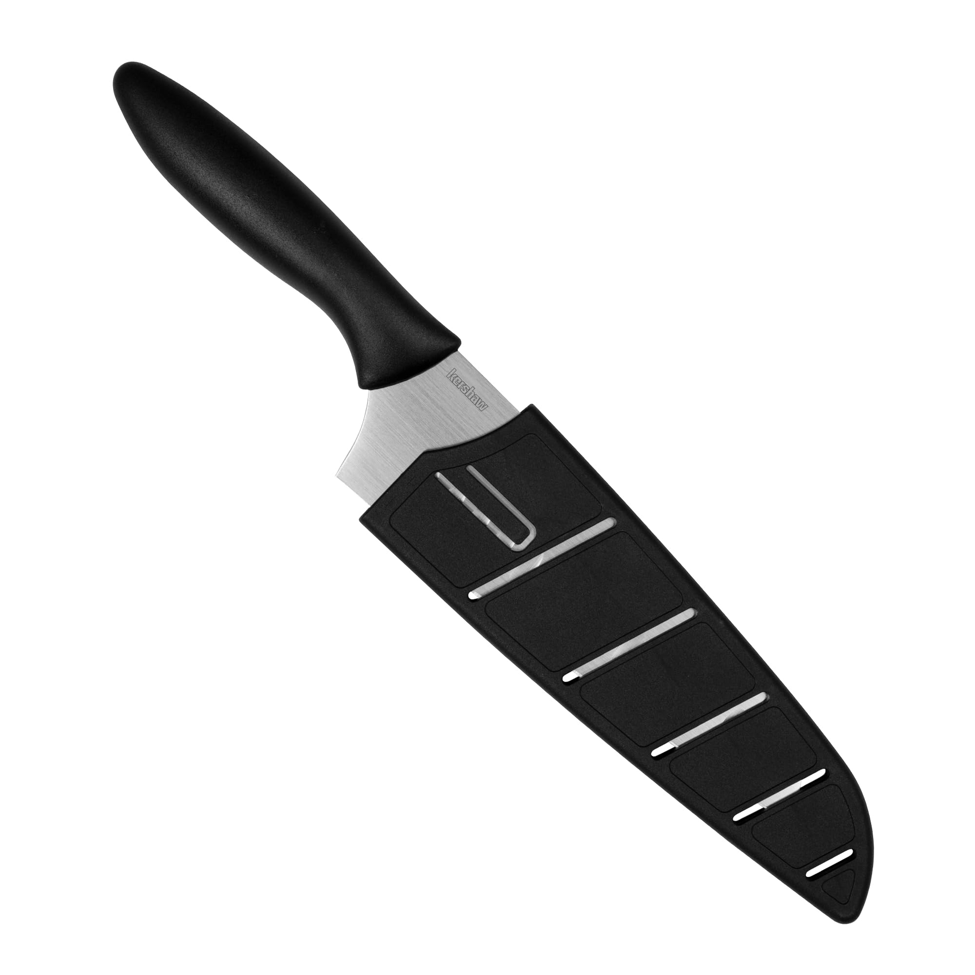 6.5-Inch Kershaw Santoku Knife - Japanese Style All-Purpose Kitchen Knife with Granton Blade, Razor Sharp Stainless Steel, Ergonomic Handle, Includes Sheath