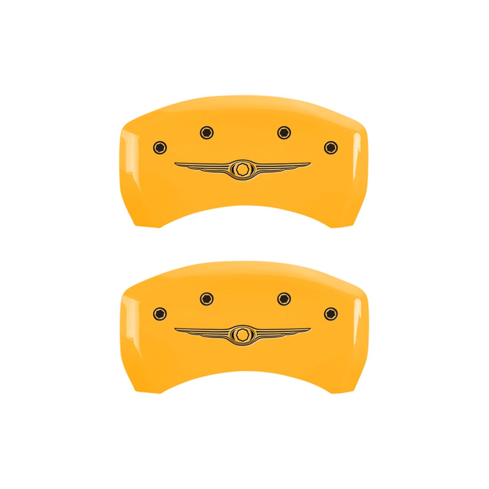 MGP 32022SCW1YL Yellow Caliper Covers (Set of 4, Engraved Front and Rear: Style 1/Chrysler Wing, yellow powder coat finish, black characters)