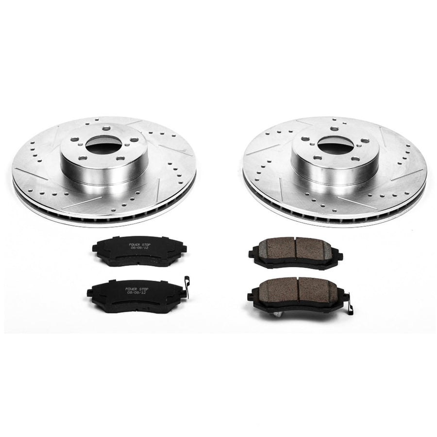 Power Stop K2373 Z23 Carbon Fiber Brake Pads Front with Drilled & Slotted Brake Rotors Kit For Saab 9-2X, Subaru Baja, Subaru Forester, Subaru Impreza, Subaru Legacy, Subaru Outback [Model Specific]