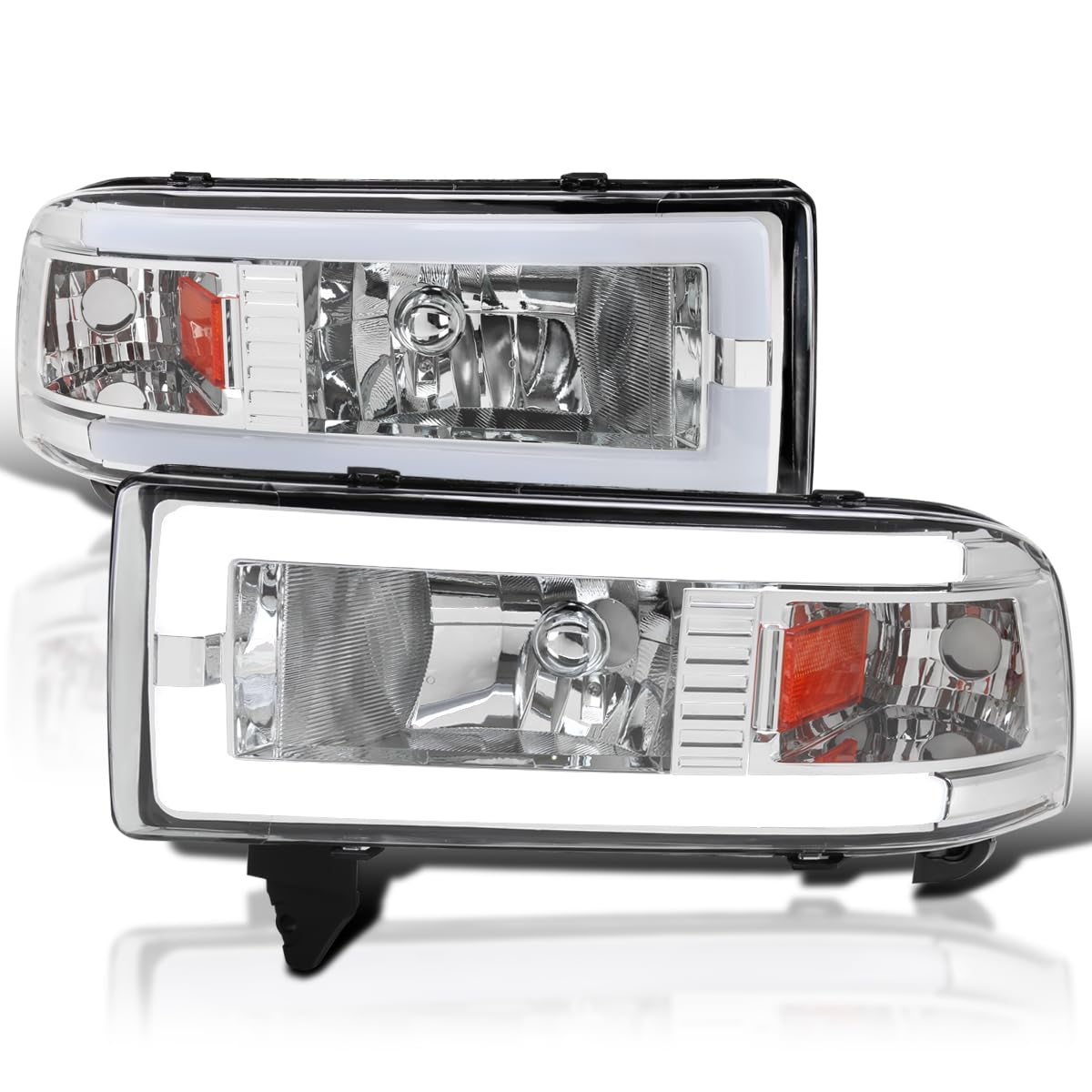 Chrome Headlights w/LED Tube SPEC-D TUNING Compatible with 1994-2001 Dodge Ram 1500, 2500, 3500, Left + Right Pair Headlamps Assembly
