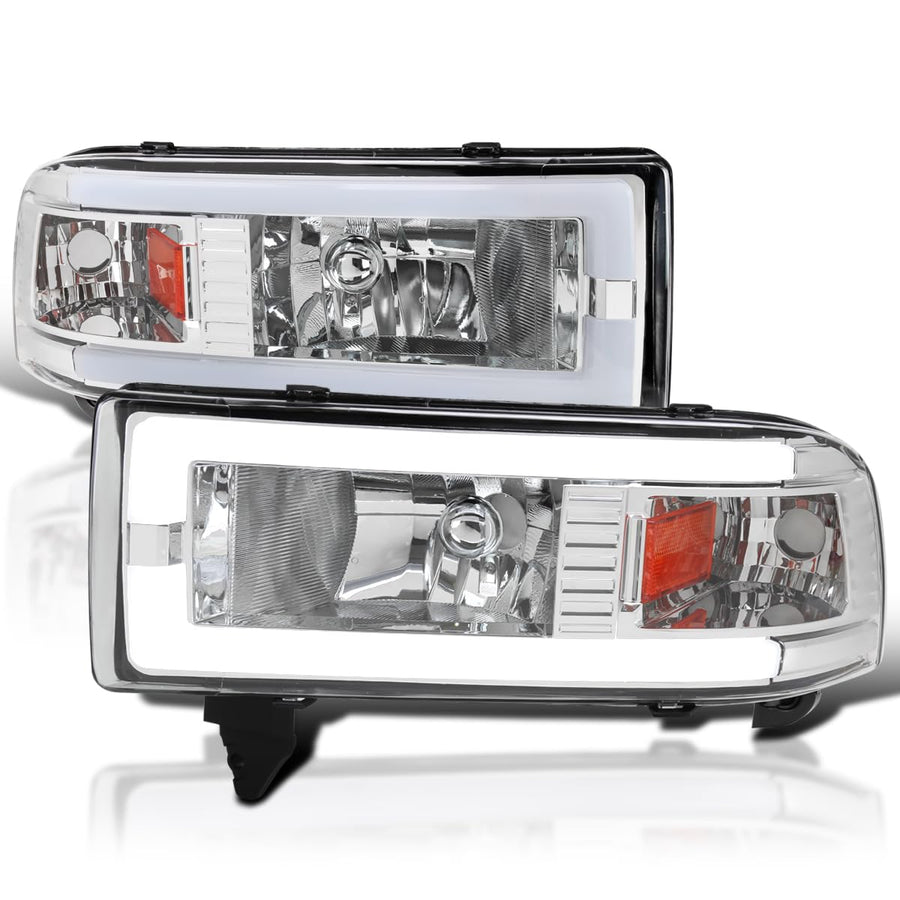 Chrome Headlights w/LED Tube SPEC-D TUNING Compatible with 1994-2001 Dodge Ram 1500, 2500, 3500, Left + Right Pair Headlamps Assembly