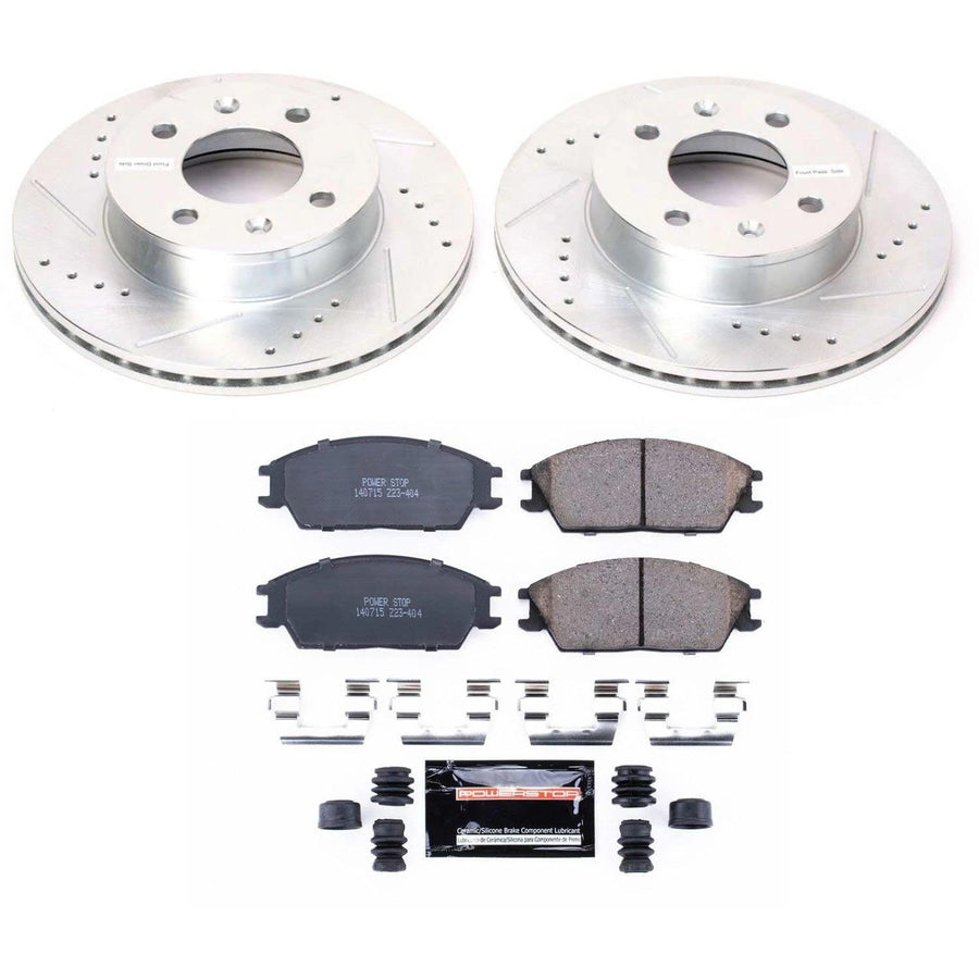 Power Stop K4909 Z23 Front Carbon Fiber Brake Pads with Drilled & Slotted Brake Rotors Kit For Hyundai Accent 2003-2005 [Model Specific]