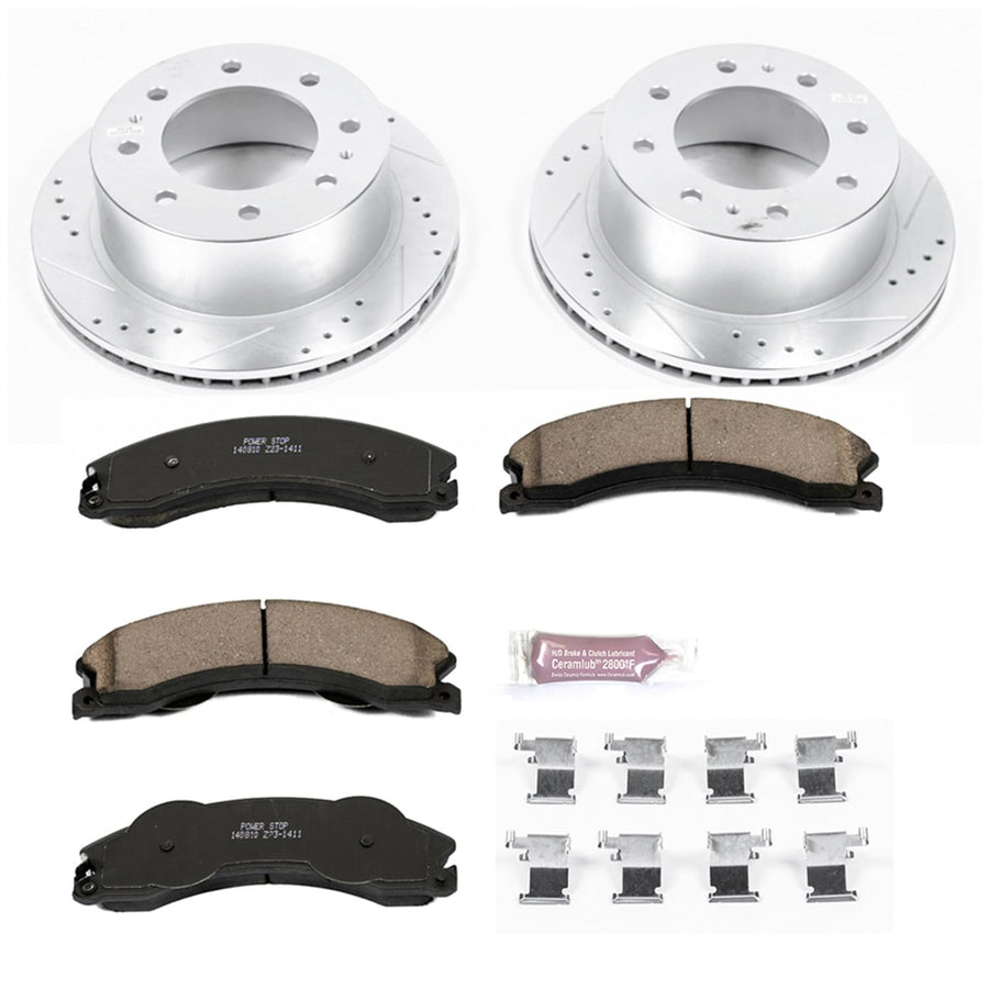 Power Stop K5563 Rear Brake Pads Z23 Carbon Fiber with Drilled & Slotted Brake Rotors Kit For Chevy Silverado 2500 HD, Chevy Silverado 3500 HD, GMC Sierra 2500 HD, GMC Sierra 3500 HD [Model Specific]