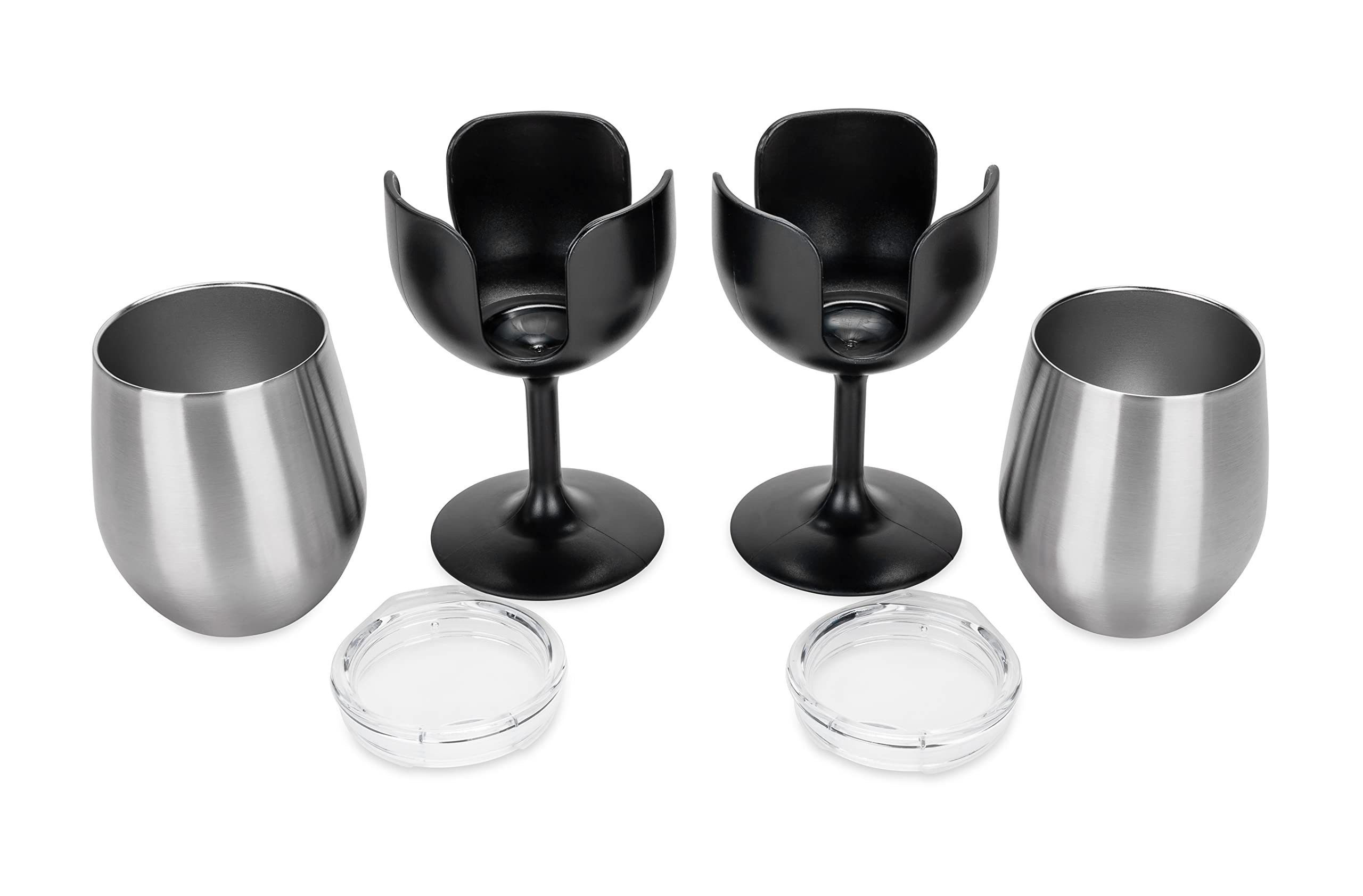 Camco Wine Tumbler Life is Better at The Campsite | Heavy Duty Double Wall Vacuum Insulation | Crafted of 18/8 Stainless Steel | Features Removable Black Stems | 2-Pk, 8-oz/Each (53485)