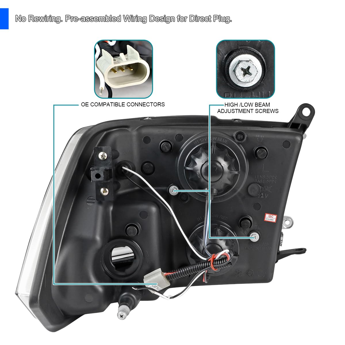 LED Light Bar Projector Headlights SPEC-D TUNING Compatible with 2009-2018 Dodge Ram 1500 2500 3500, Left + Right Pair Headlamps Assembly