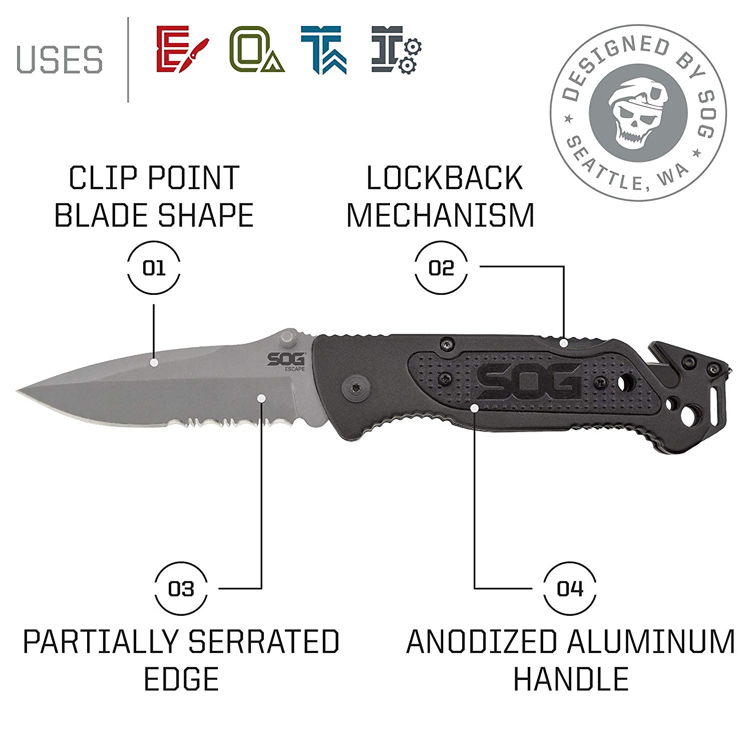 SOG Tactical Escape Folding Pocket Knife- 3.4 Inch Serrated Edge Blade Knife w/ Glass Breaker, Wire Stripper and Line Cutter Blades-Satin (FF25-CP),Black