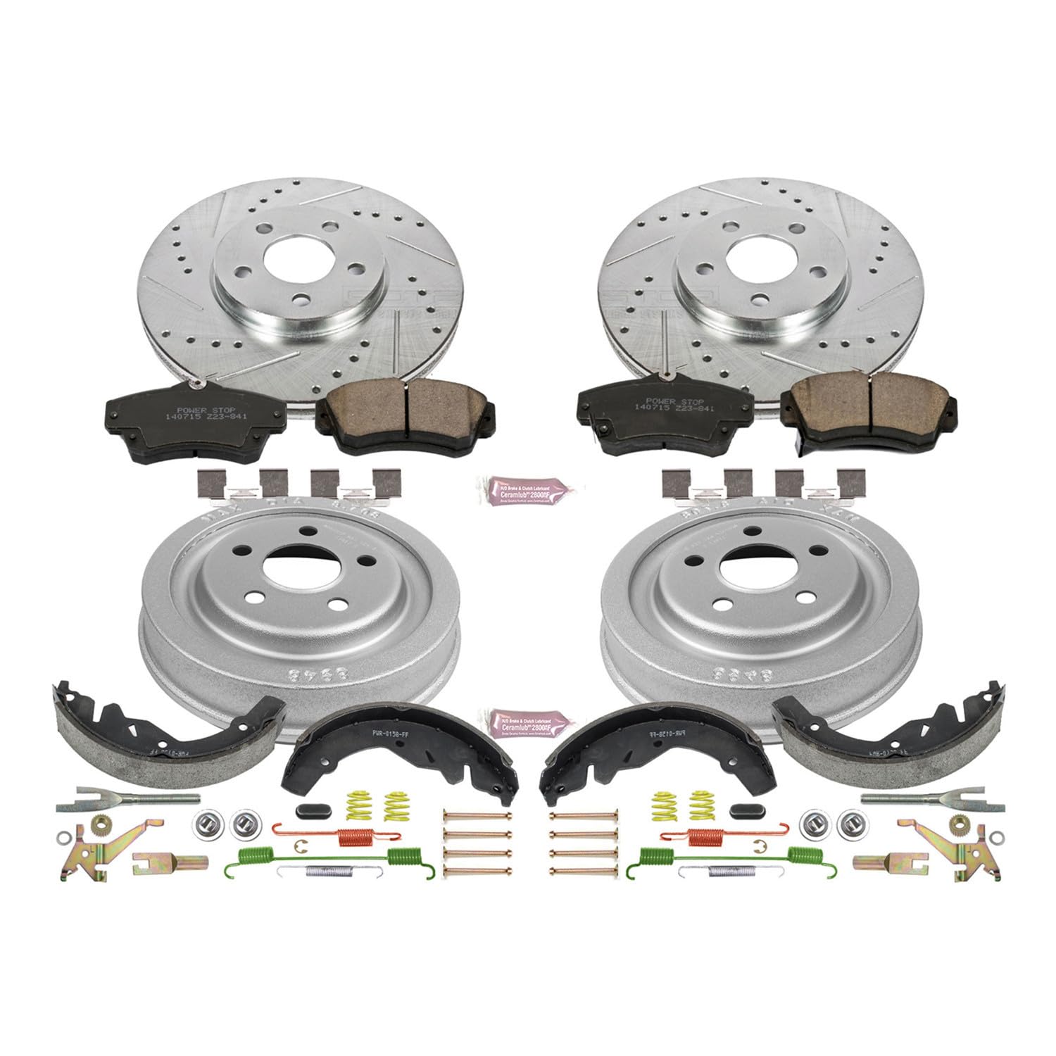 Power Stop K15208DK Z23 Carbon Fiber Brake Pads Front and Rear with Drilled & Slotted Brake Drums Kit For Chrysler PT Cruiser 2001-2003 [Model Specific]