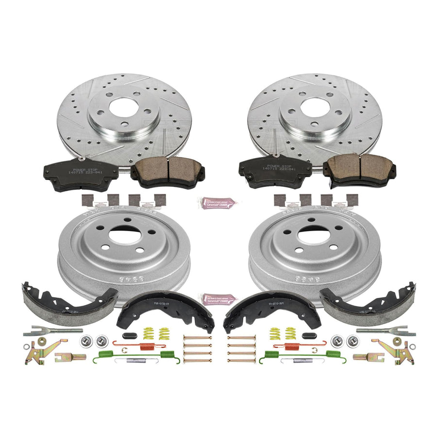 Power Stop K15208DK Z23 Carbon Fiber Brake Pads Front and Rear with Drilled & Slotted Brake Drums Kit For Chrysler PT Cruiser 2001-2003 [Model Specific]