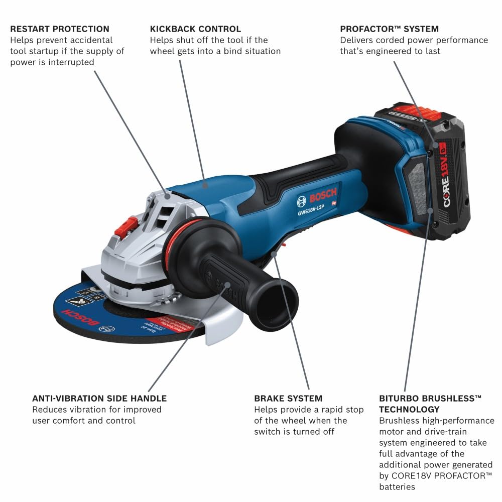 Bosch GWS18V-13PB14 18V PROFACTOR™ 5 – 6 In. Angle Grinder with No Lock-On Paddle Switch with (1) CORE18V® 8 Ah High Power Battery