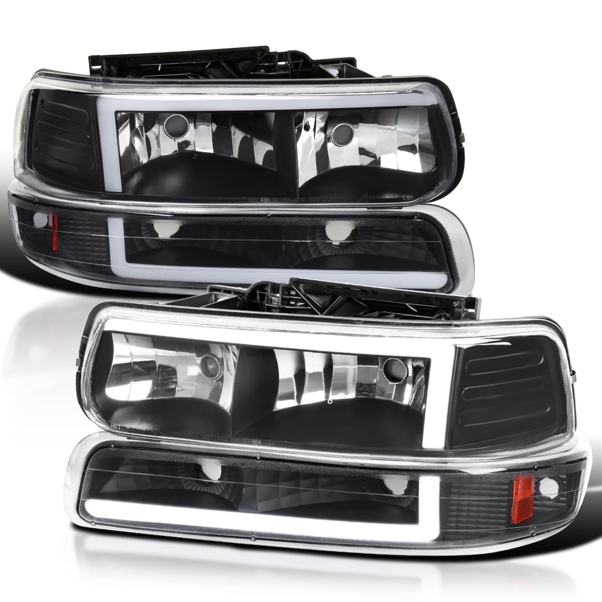 Black LED Bar Headlights + Bumper Lights SPEC-D TUNING Compatible with 1999-2002 Chevy Silverado 2000-2006 Tahoe Suburban, Left + Right Pair Headlamps Assembly