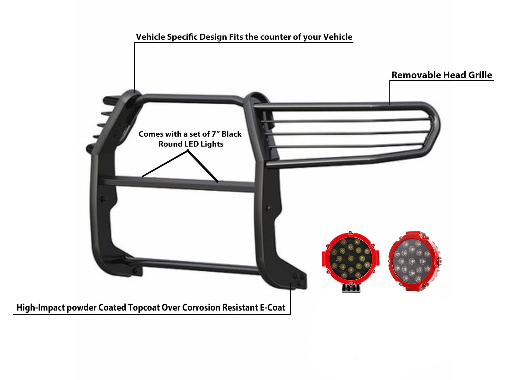 Grille Brush Black Horse Bumper Guard Modular Black Come with Pair of 7.0" Dia.LED Lights with Red Trim Rings Compatible with 08-22 Sequoia|07-21 Tundra(Excl. 08-21 Platinum/Limited)-17A098900MA-PLR