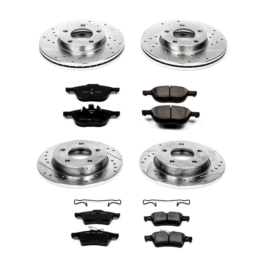 Power Stop K121 Z23 Carbon Fiber Brake Pads Front and Rear with Drilled & Slotted Brake Rotors Kit For Mazda 3 2006-2013 [Model Specific]