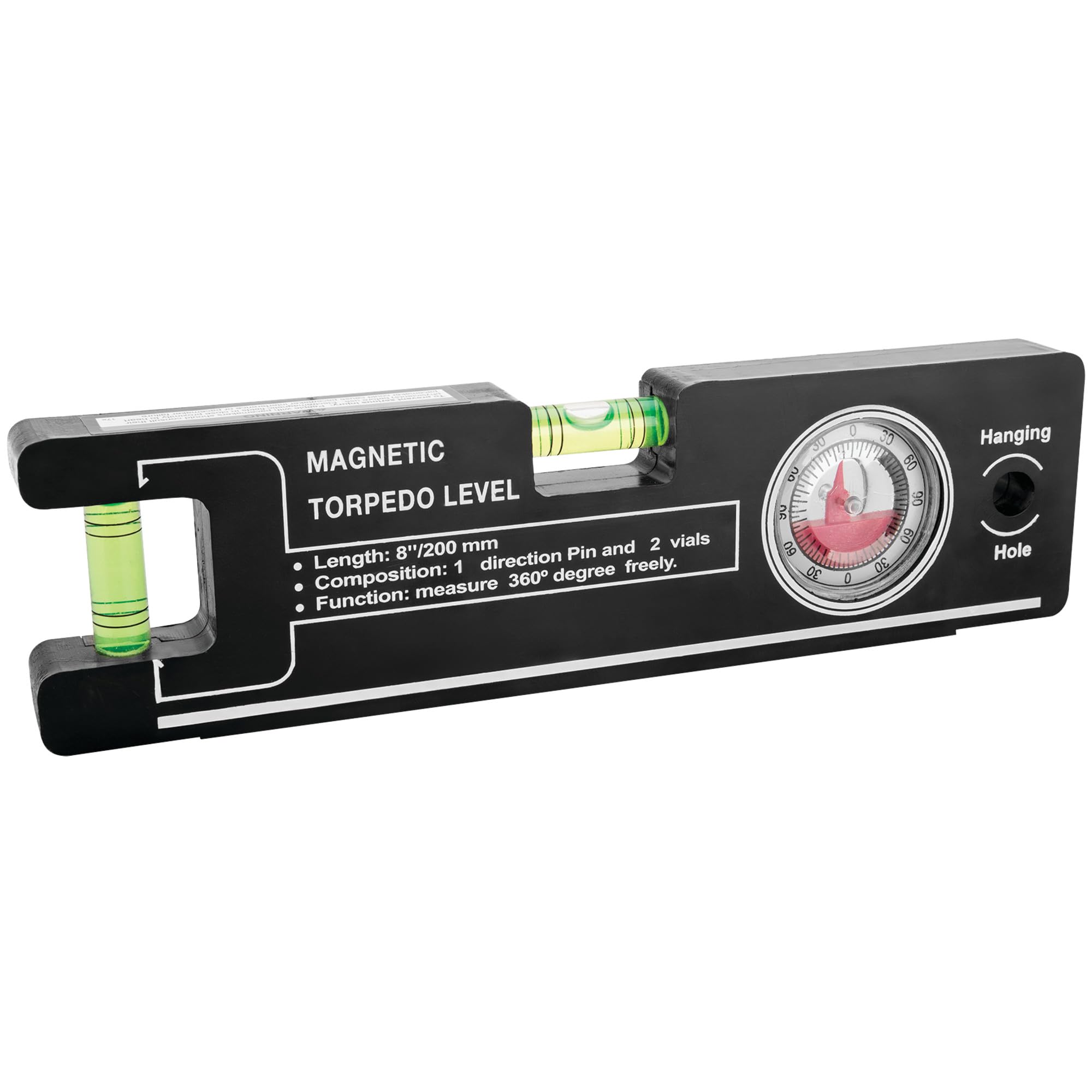 8 in. Magnetic Level Performance Tool 1177 w/Angle Finder, ABS Plastic, High-Visibility Vials, Black