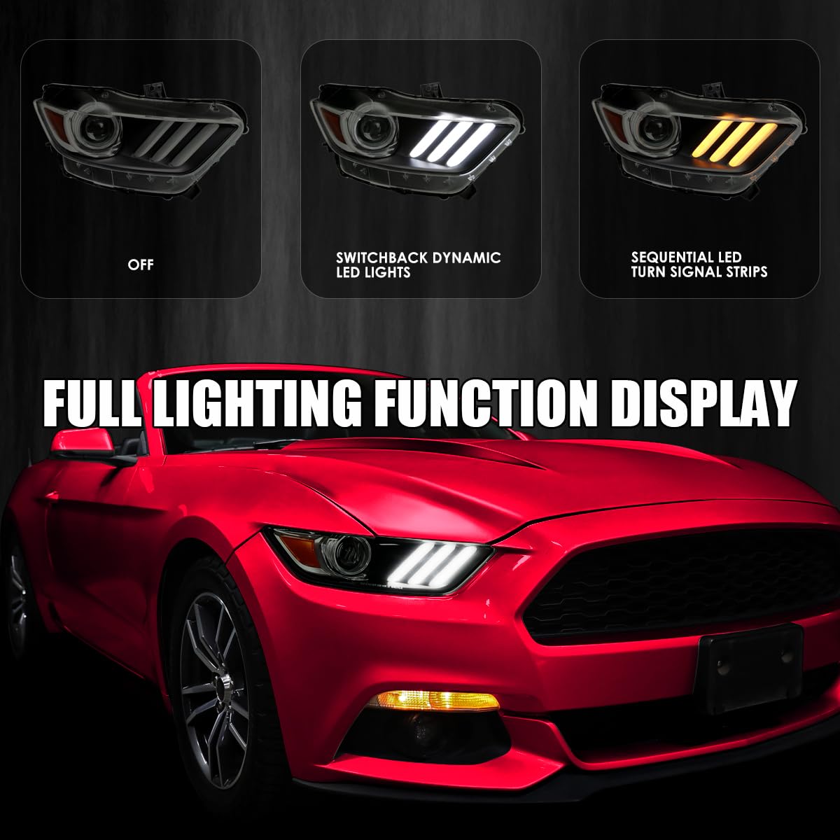 Black Smoke SPEC-D TUNING Projector Headlights w/LED Sequential Switchback Turn Signal Strips and Startup Animation Compatible with 2015-2020 Ford Mustang, Left + Right Pair Headlamps Assembly