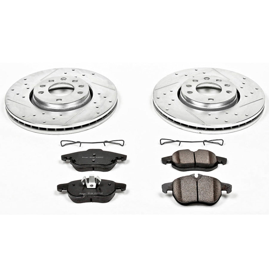 Power Stop K985 Z23 Carbon Fiber Brake Pads with Drilled & Slotted Brake Rotors Kit For Saab 9-3 2003-2011, Saab 9-3X 2010-2011 [Model Specific]