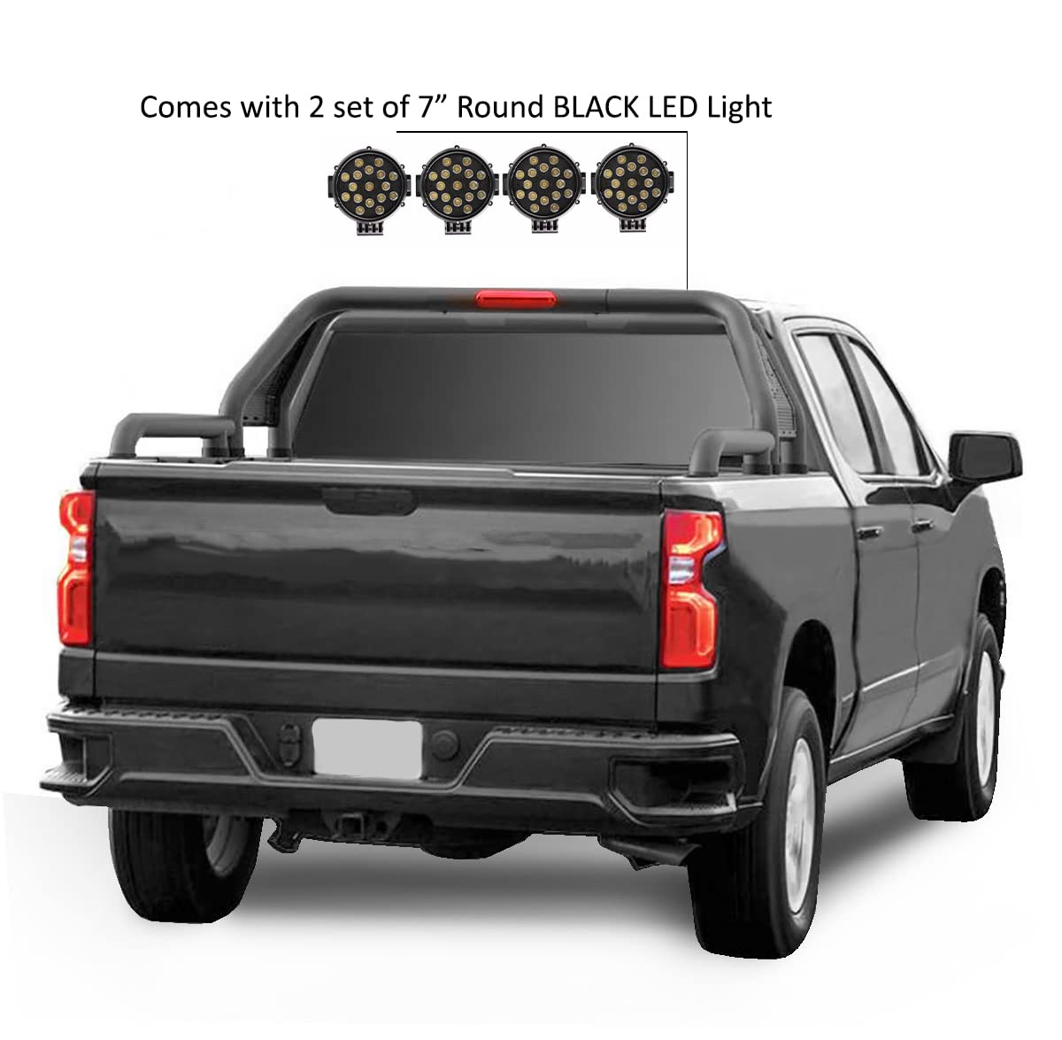 Gladiator Roll Bar Black Horse incl. Pair of 7.0" Dia. Led Lights w/Black Trim Rings Modular Black Compatible with Universal Roll Bar for 1/2 Ton Trucks (GM-Ford-Dodge- Tundra) -GLRB-01B-PLB