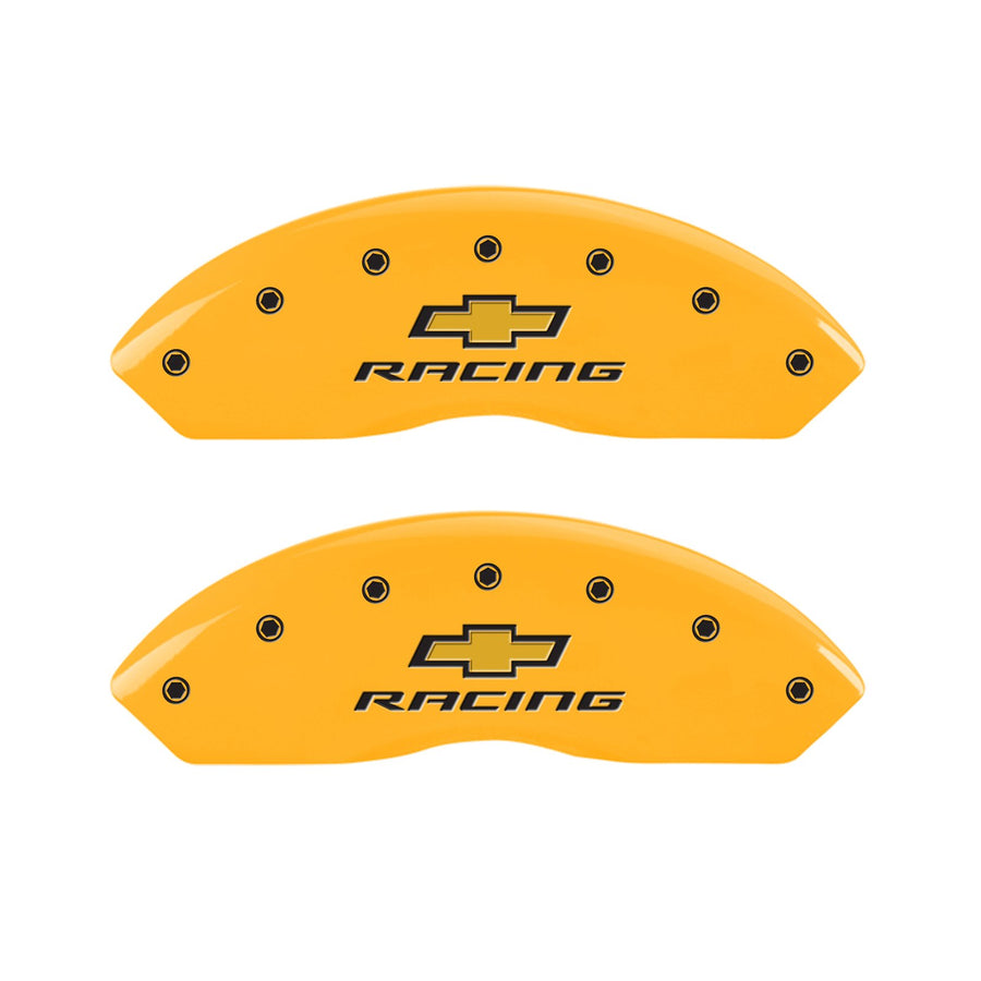 Caliper Covers MGP 13007SBRCYL (Yellow Powder Coat Finish, Engraved Front and Rear: Chevy racing, Black Characters, Set of 4)