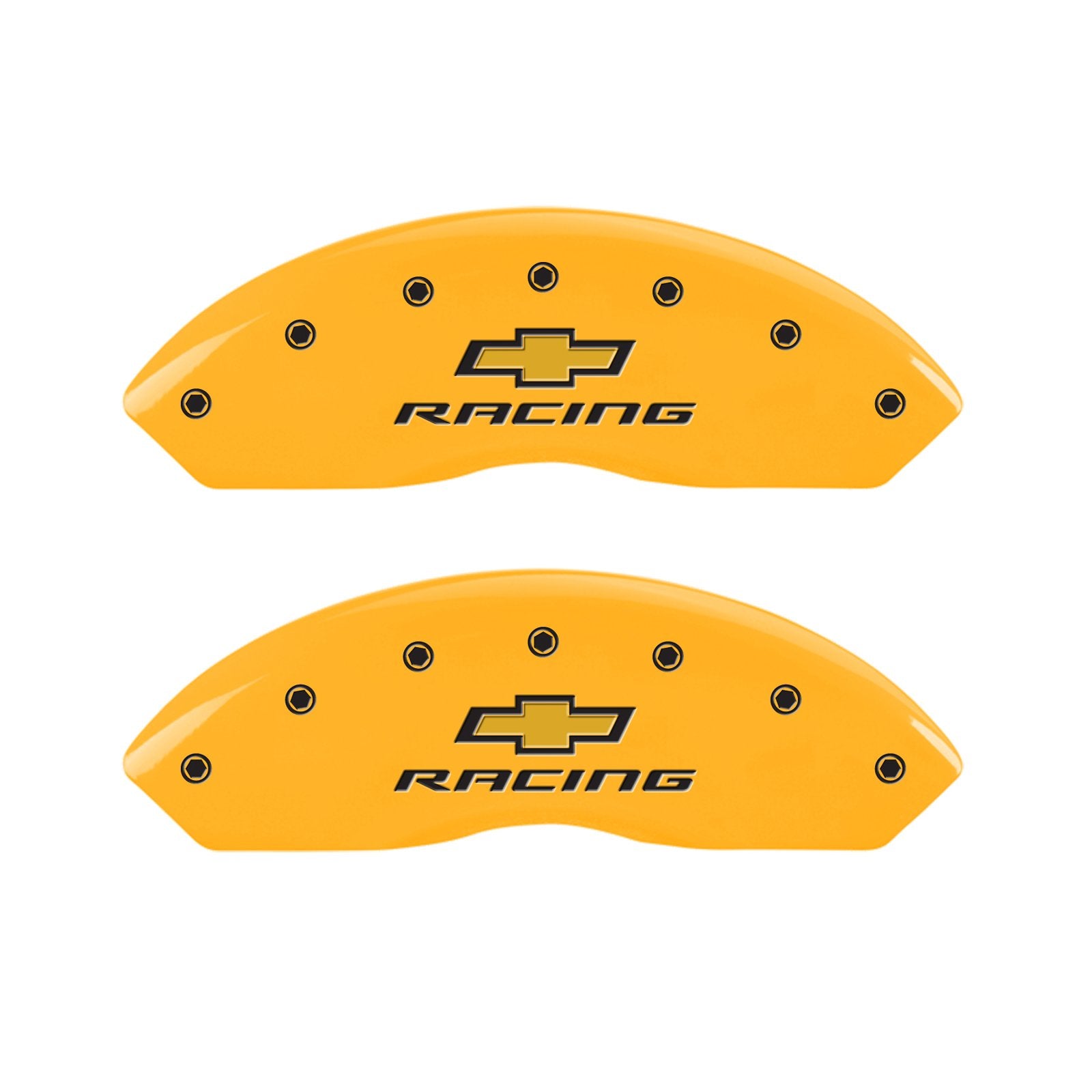 Caliper Covers MGP 13007SBRCYL (Yellow Powder Coat Finish, Engraved Front and Rear: Chevy racing, Black Characters, Set of 4)