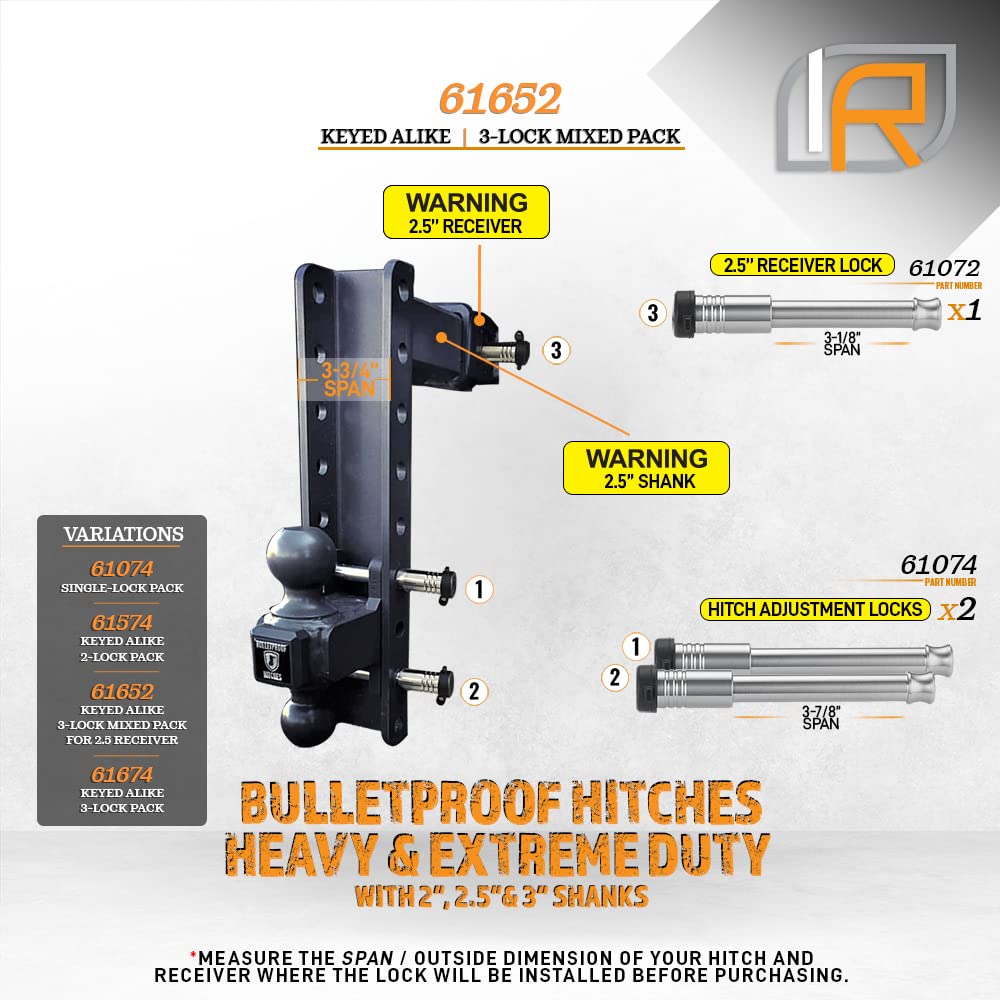 Security InfiniteRule 61652 | 3 Pack Mixed, Keyed Alike, Hitch Locks for Bulletproof 2", 2.5", and 3" Drop Hitches - Includes Lock for 2.5" Receiver