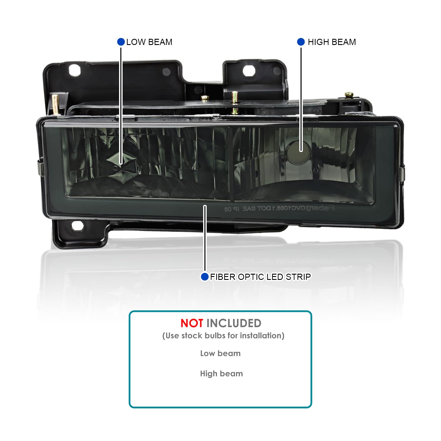 Smoke Spec-D Tuning Headlights w/LED Light Bar Compatible with 1988-1998 Chevy GMC C10 C/K 1500 2500 3500, Suburban, Tahoe, Silverado, Sierra, L+R Pair Head Light Lamp Assembly