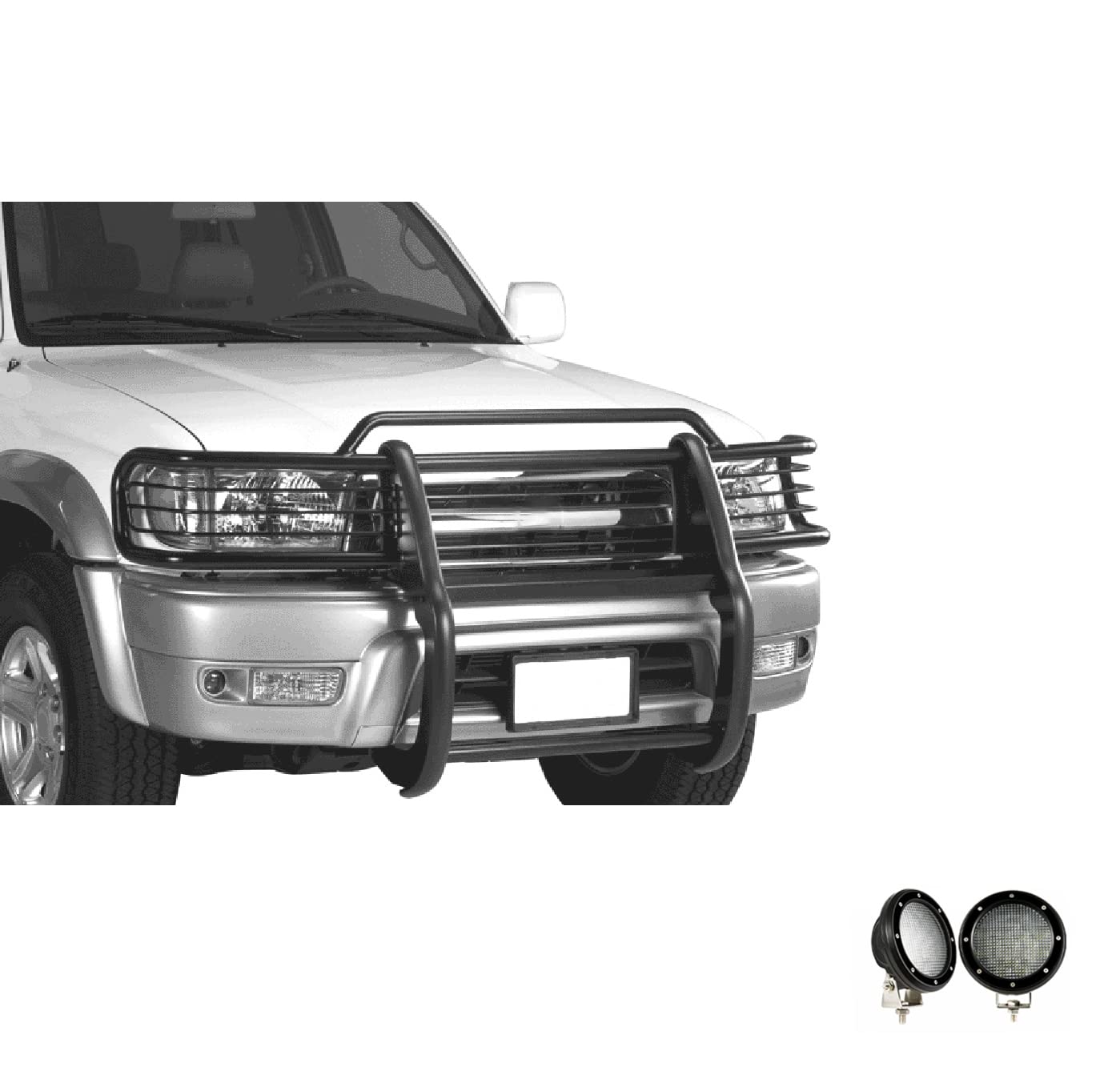 Bumper Guard Black Horse Grille Brush Modular Black Come with Pair of 5.3" Dia.LED Lights with Black Trim Rings Compatible with 1999-2002 Toyota 4Runner-17TN23MA-PLFB