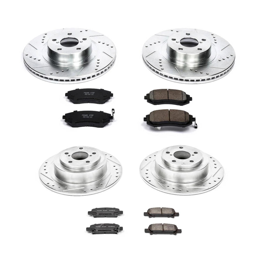 Power Stop K2748 Z23 Carbon Fiber Brake Pads Front and Rear with Drilled & Slotted Brake Rotors Kit For Subaru Baja 2004-2006 [Model Specific]