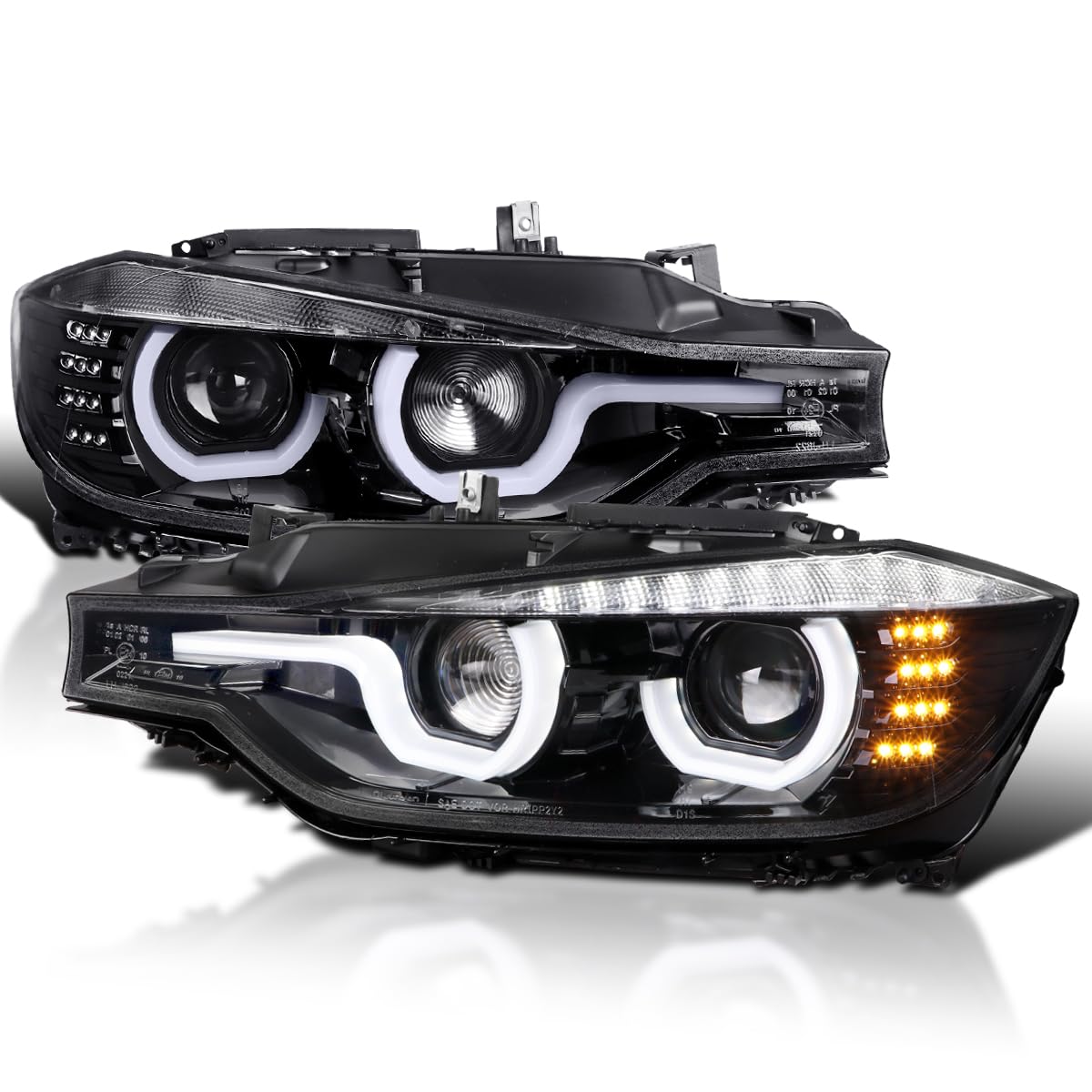 Jet Black SPEC-D TUNING U-Halo Projector Headlights w/LED Strip Compatible with 2012-2015 BMW F30 3-Series Sedan HID Type, Left + Right Pair Headlamps Assembly