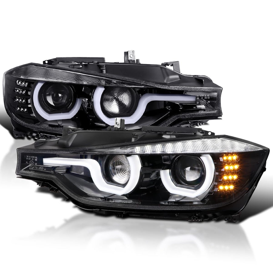 Jet Black SPEC-D TUNING U-Halo Projector Headlights w/LED Strip Compatible with 2012-2015 BMW F30 3-Series Sedan HID Type, Left + Right Pair Headlamps Assembly