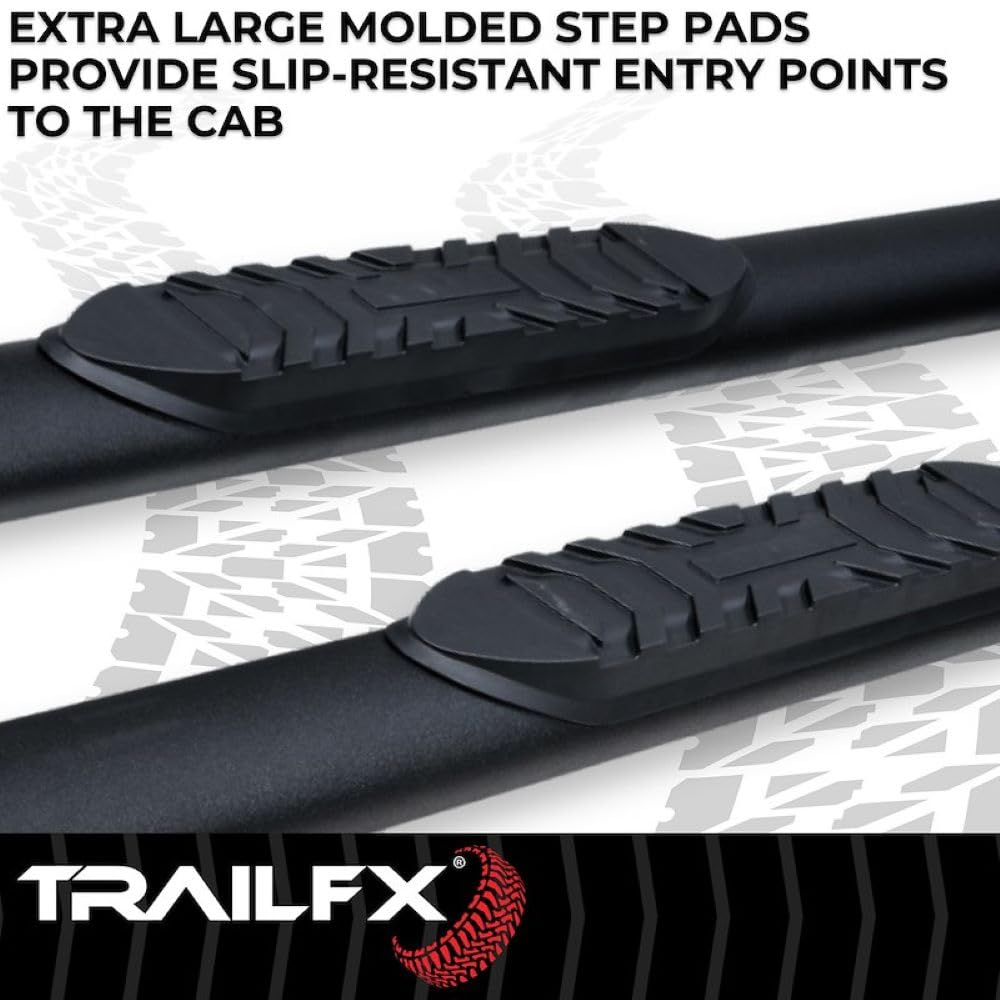 TrailFX Nerf Bars 4 Door Fits Ford Bronco 2021-2025 Steel 4 Inch Oval Straight Powder Coated Black with Step Pads Rocker Panel Mount Running Boards TrailFX A1555T