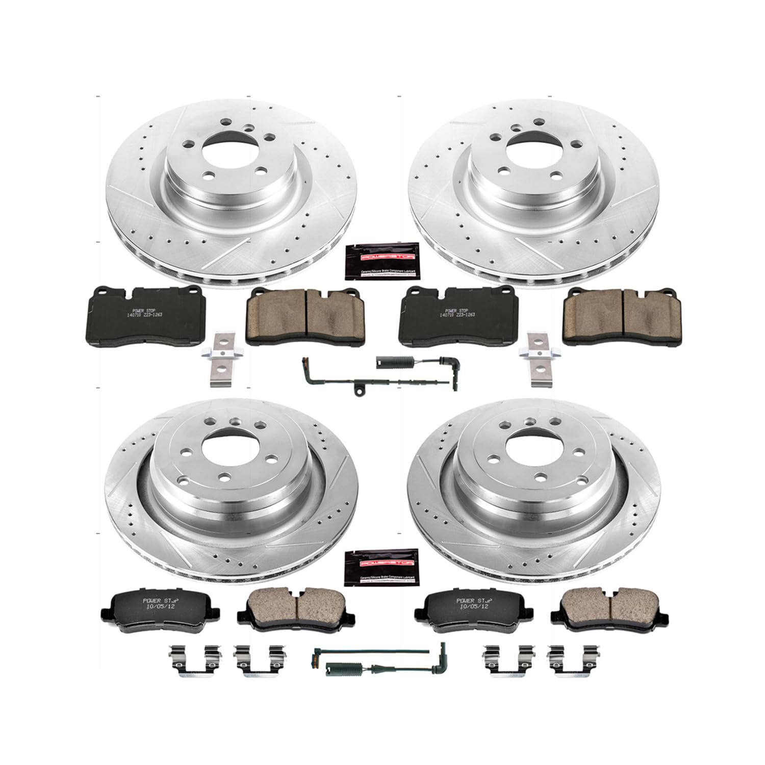 Power Stop K5744 Z23 Carbon Fiber Brake Pads Front and Rear with Drilled & Slotted Brake Rotors Kit and 1 Front & 1 Rear Sensor Wires
