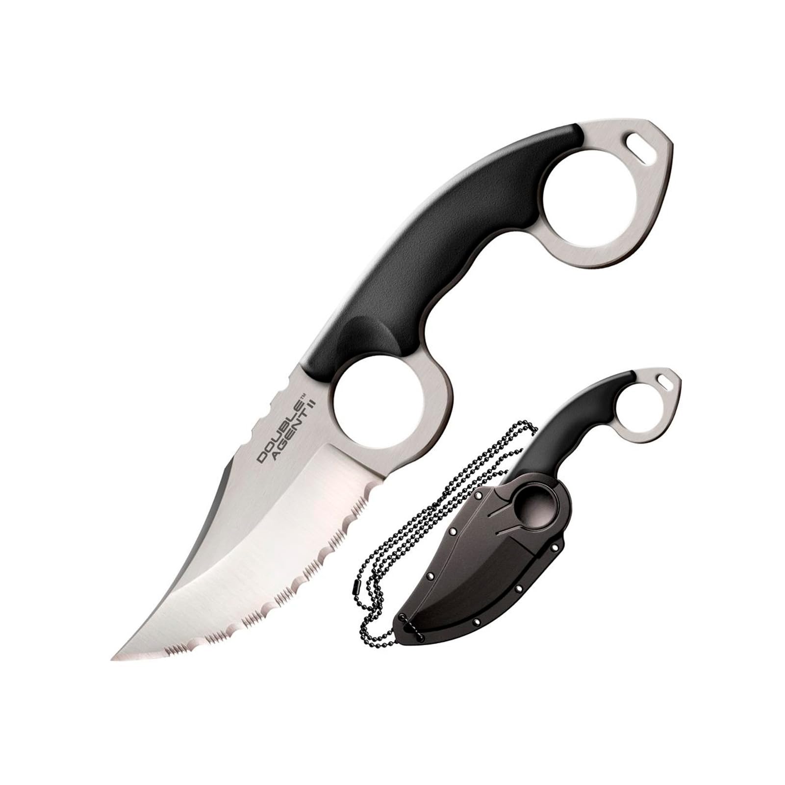 Cold Steel Serrated Edge Double Agent II Lightweight Durable Japanese AUS8A Steel Clip Point Shape 3" Fixed Blade Tactical Outdoor Hunting Knife, Griv-Ex Handle, Secure-Ex Sheath